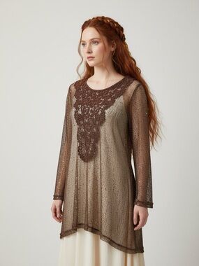 REN Fair Forest Fairy Brown Crochet Asymmetric Sequined Sheer Brown Top Womens